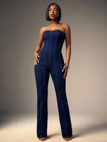 Denimoi 心形镂空露肩喇叭牛仔连体裤 - 深色水洗藍 - 查看 2