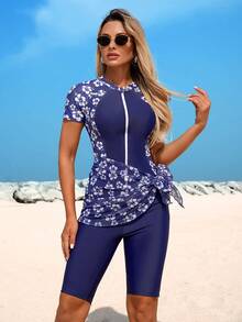 Swim Mulvari Women's Short Sleeve Raglan Sleeve Fitted Summer Beach Burkini Swimsuit