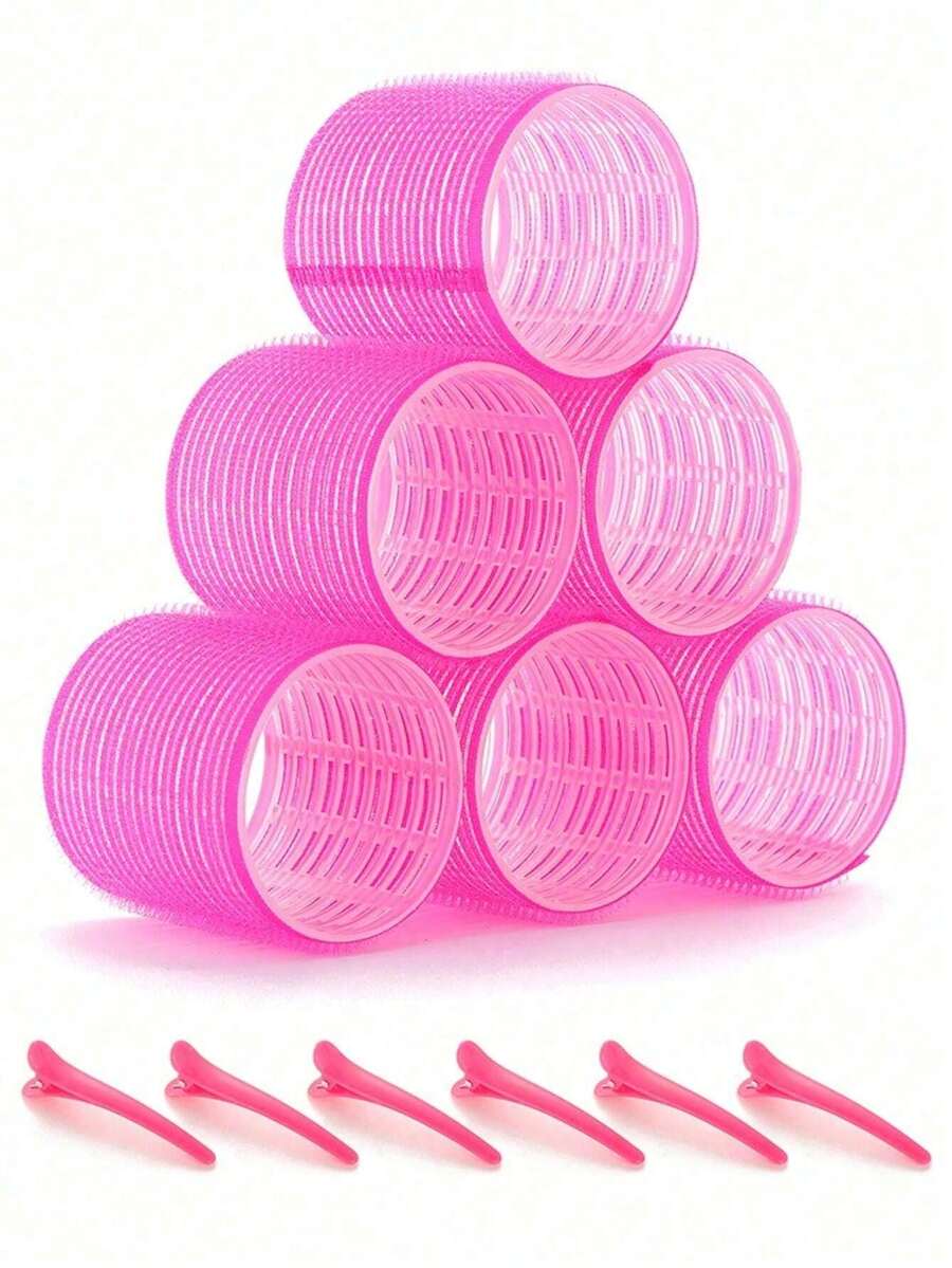 自粘式卷发器套装，含6个卷发器和6个夹子，沙龙级卷发器，适合DIY美发造型，无需加热，卷发器，美发产品及配件，适用于理发店、美容院、返校季、旅行度假等场合，卷发器，卷发棒，卷发工具，无需加热，卷发梳，美发设备 - 彩色 - 查看 1