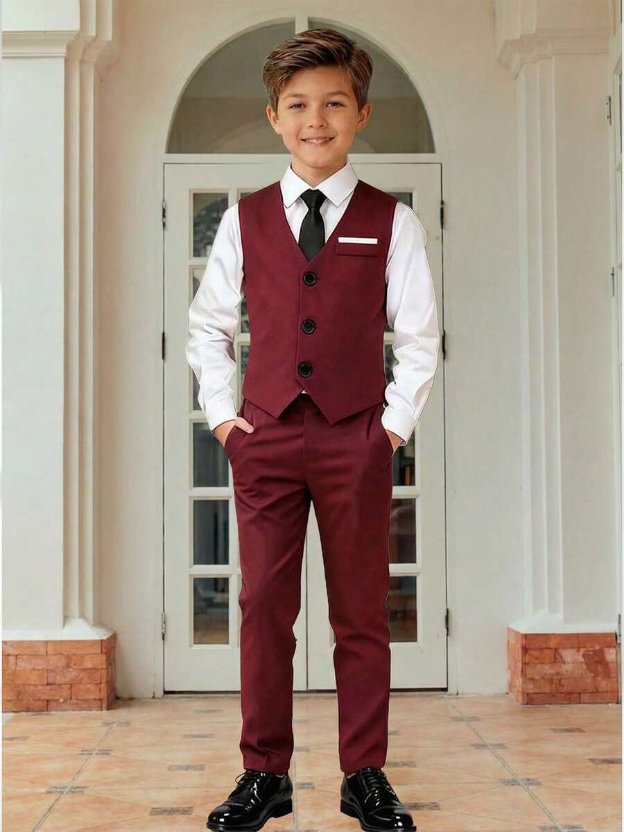 SHEIN 2pcs Tween Boy Gentleman Outfit - Sleeveless Vest Jacket And Trousers, Elegant Formal Suit For Birthday Party, Wedding, Ceremony, Anniversary