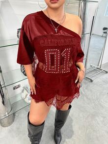 GalTyme 加大码V领豹纹蕾丝宽松斜肩卫衣 - 紅色 - 查看 3
