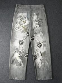 Manfinity EMRG Jeans de mezclilla casuales y versátiles para uso diario con estampado de ángel en el bolsillo para hombres - Multicolor - Ver 2