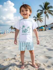 SHEIN 男童椰子树印花插肩袖上衣和条纹两件套泳衣套装