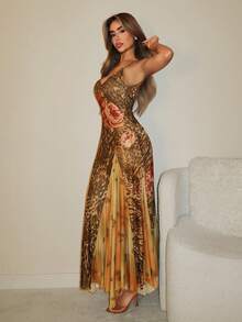 SHEIN ICON 女士西部波西米亚嬉皮风度假豹纹无袖性感收腰连衣裙情人节 - 彩色 - 查看 3