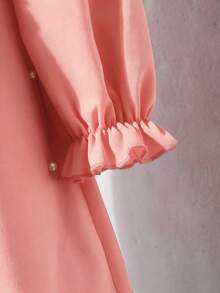 Girls' Elegant Minimalist Fashion Ladylike Mock Neck Drop Shoulder Long Sleeve Loose Short Dress With 3D Bow & Pearl Design, Christmas Red Long Sleeve Pink Dress Tween Pink Bow Dress Girl Pink Modest Dress Bow Neck Long Sleeve Dress Pink Modest Dress For Teens - Pink - View 3