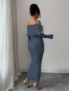 Rafferiza 女士纯色蝴蝶结长袖弹力修身露肩针织连衣裙，法式优雅仿珍珠装饰露肩大翻领针织连衣裙，秋冬针织长裙，返校季针织连衣裙，音乐节，圣诞节，仙女装，秋季婚礼宾客礼服 - 藍色 - 查看 2