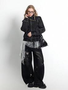 Bloopia 女士时尚通勤蕾丝拼接长袖拉链外套 - 黑色 - 查看 4