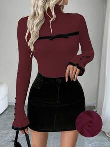 RosyDaze Women's Turtleneck Ruffle Button Design Long Sleeve Knit Pullover Sweater With Bow, Tight Fit Thermal Lining - Burgundy - View 6