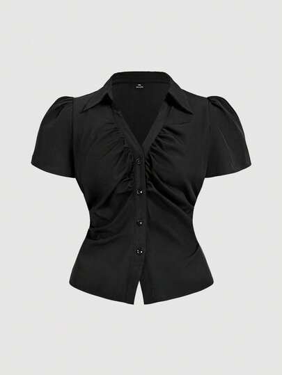 SHEIN MOD Plus Size Women V-Neck Ruffle Flared Sleeve Blouse, Waist Cinched, Black, Witchy , Button Down Blouse, Concert Women , Airport Women, Short Sleeved Shirt.Plus Size Black Short Sleeve Blouse Collared V Neck Button Front Ruched Bodice Soft Texture Fitted Waist Classic Style Lightweight Fabric Puff Shoulders Smooth Finish Elegant Look Comfortable Wear Subtle Shine Tailored Silhouette Timeless Design Versatile Top