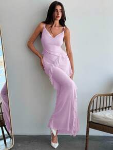 Aloruh Romantic Date Spaghetti Strap Frill Trim Bodycon Dress For Women, Spring/Summer - Violet Purple - View 5