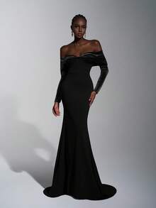 Elitara Women's Elegant Wine Red Off Shoulder Long Sleeve Evening Dress,Knitted Elastic Velvet Patchwork Fishtail Hem Trailing Wedding Bridesmaid Gown - Black - View 1