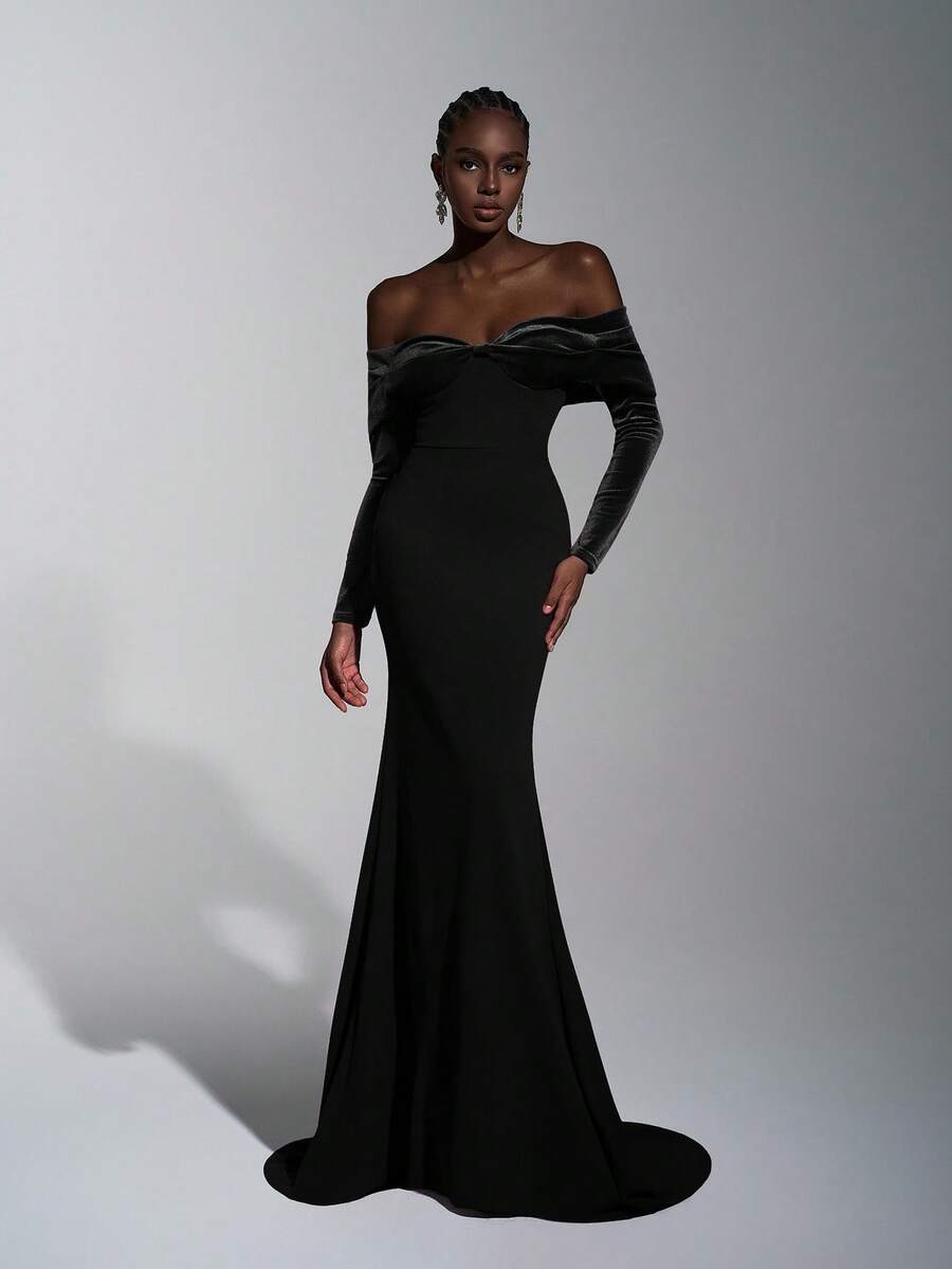 Elitara Women's Elegant Wine Red Off Shoulder Long Sleeve Evening Dress,Knitted Elastic Velvet Patchwork Fishtail Hem Trailing Wedding Bridesmaid Gown - Black - View 1