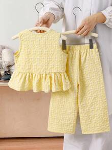 SHEIN Young Girl Tween Girls Casual Minimalist Comfy Round Neck Ruffle Hem Camisole And Pants 2 Piece Set - Yellow - View 3
