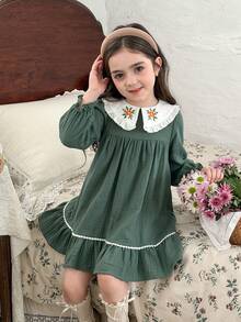 LMoss Kids 少女刺绣彼得潘领休闲连衣裙 - 綠色 - 查看 4