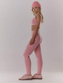 MUSERA Soft Pink Ribbed Knit Square Neck Bralet High Waist Elasticated Legging Co-Ord Set,Summer Casual Lounge Streetwear Elegant Evening Party Valentines - Pink - View 4