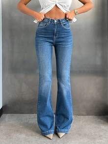 EURMUSE Slim fit högmidjade utsvängda komfortjeans med denim - Mörktvätt - Visa 6