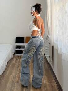 StreetHx Jeans de ajuste holgado con bolsillo bordado y efecto desgastado, estilo casual de calle para mujer - Azul - Ver 2