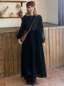 FRIFUL Women's Elegant Solid Color Knotted Collar Lantern Sleeve Long Dress, Autumn Maxi Dress Sundress - Apricot - View 3