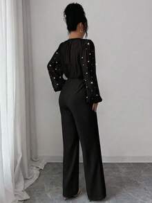 SHEIN Elenzya 优雅浪漫珍珠装饰收腰拼接长袖圆领连体裤（女款） - 黑色 - 查看 2