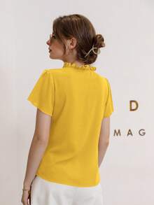 Mulvari 女士简约纯色荷叶边打结领衬衫，夏季 - 黃色 - 查看 2