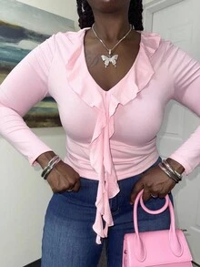 Truni Plus Size Women's Fitted Long Sleeve T-Shirt With Ruffle Collar Detail/Autumn /Winter - Pink - View 3