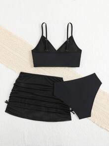 SHEIN Teen Girls' Solid Color 3 PiecesBeach Vacation Casual Mesh Skirt Set Black 3 Piece Swimsuit Kids Swimwear Tween Girls Bikini Sets Black Black Bathing Suits For Girls Two Piece Teen Girls Bikini Sets Black Teen Girl Swimsuit 3 Piece Modest Bikini Set Three Piece Swimsuit Set Bathing Suits 3 Piece Bathing Suit Sets Bathing Suit With Skirt Swimsuit With Skirt Black Bikini Set - Black - View 2