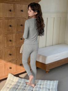 DAZY Tween Girls Lace Patchwork Ruffle Hem Fitted Base Layer Top And Pants Loungewear Set, Autumn - Grey - View 2