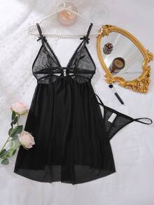 SHEIN 2 件套浪漫蕾丝拼布性感睡裙娃娃裙内衣外衣外出 - 黑色 - 查看 2
