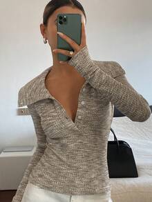 DAZY Áo polo tay dài dáng ôm dành cho nữ - Màu Khaki - Xem 4