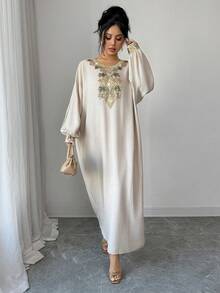 Yasmyna Women's Elegant Sequin Embroidery V-Neck Loose Dress, Autumn Kaftan Jalabiya Dress - Khaki - View 4