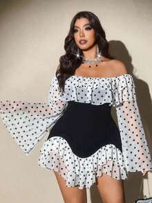 Viva Relle Váy ngắn tay loe tay dài co giãn, thanh lịch, lãng mạn, gợi cảm, đen trắng, chắp vá, vải voan mềm mại, hở vai, viền xếp nếp, cỡ lớn dành cho nữ, mùa xuân/thu - Đen và trắng - Xem 3