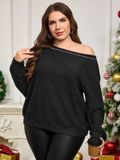 EMERY ROSE Plus Size Women's Solid Color Oblique Shoulder Long Sleeve Loose Casual Sweatshirt Christmas