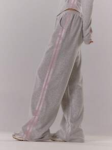 MUSERA Pantalones jogger de pierna ancha con costuras laterales de contraste, casuales, para el aeropuerto, ropa de estar en casa, vuelta al colegio, pantalones de chándal de - Gris - Ver 4