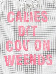 SWAVVY 男士休闲时尚街头标语格子印花宽松衬衫，夏季 - 白色 - 查看 6