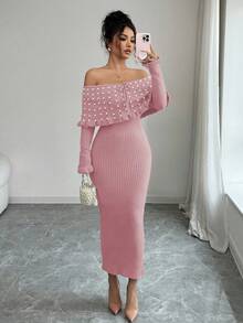 Rafferiza 女士纯色蝴蝶结长袖弹力修身露肩针织连衣裙，法式优雅仿珍珠装饰露肩大翻领针织连衣裙，秋冬针织长裙，返校季针织连衣裙，音乐节，圣诞节，仙女装，秋季婚礼宾客礼服 - 粉色 - 查看 7