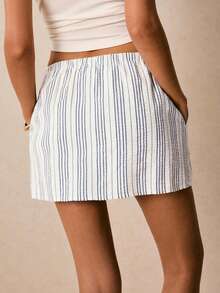 Poéselle Women's Casual Striped Print Drawstring Shorts Skirt - Blue - View 7