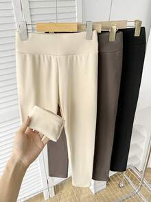 SHEIN 3pcs/Set Tween Girls' Basic Casual Thermal Lined High Waist Leggings, Black/Brown/Beige - Brown - View 1