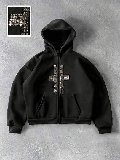 Sudadera con capucha de moda casual para hombres con decoración de remache cruzado y cremallera, adecuada para el trayecto diario, otoño/invierno