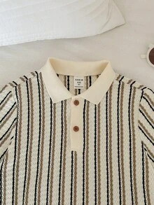 SHEIN Bộ 2 món thời trang cho bé trai, áo polo tay ngắn kẻ sọc và quần short, thoải mái mặc hàng ngày, mùa xuân/hè. - màu nâu - Xem 6