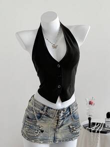 SHEIN EZwear Ladies Solid Color Sleeveless Backless Neck-Hanging Summer Top - Black - View 1