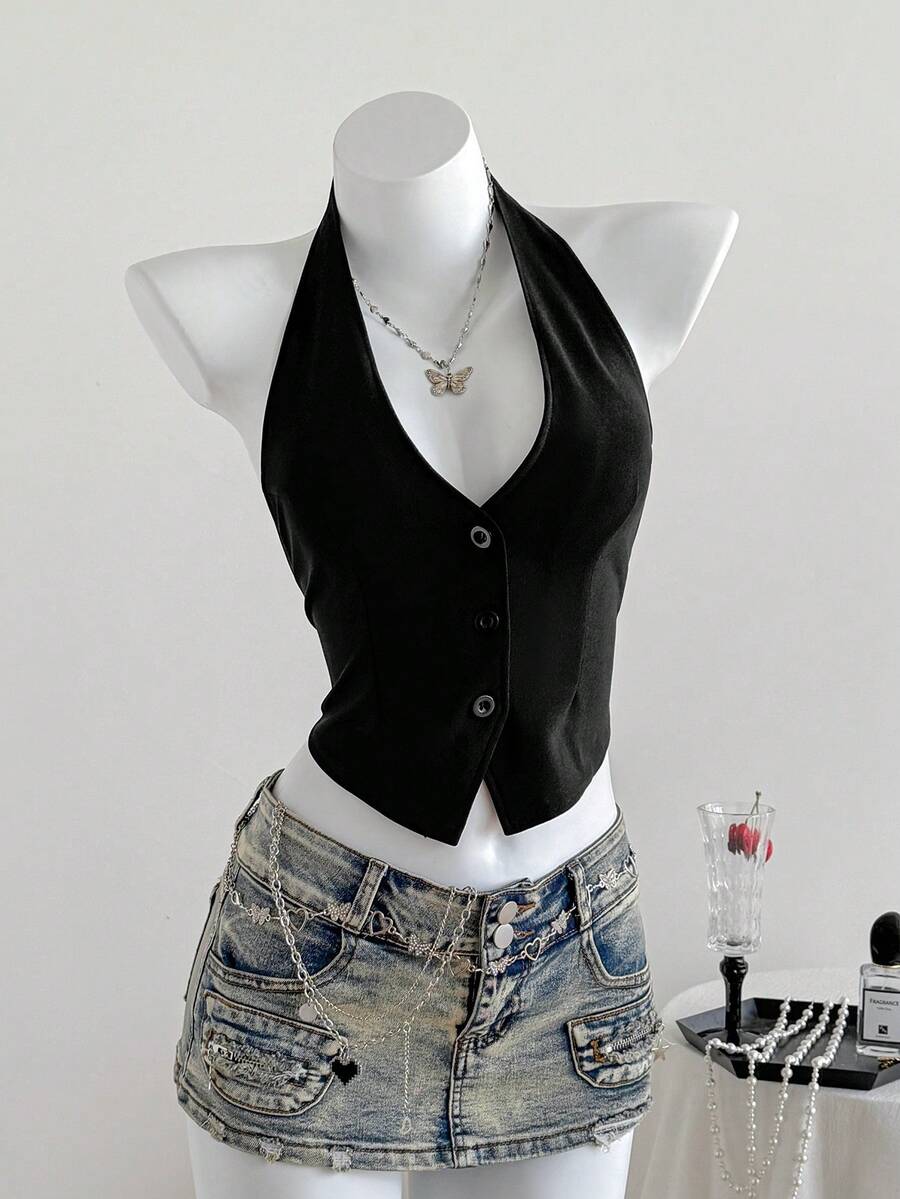 SHEIN EZwear Ladies Solid Color Sleeveless Backless Neck-Hanging Summer Top - Black - View 1