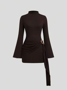 SHEIN CURVE+ 大码女式针织提花金属装饰驼色喇叭袖连衣裙 - 棕色 - 查看 1