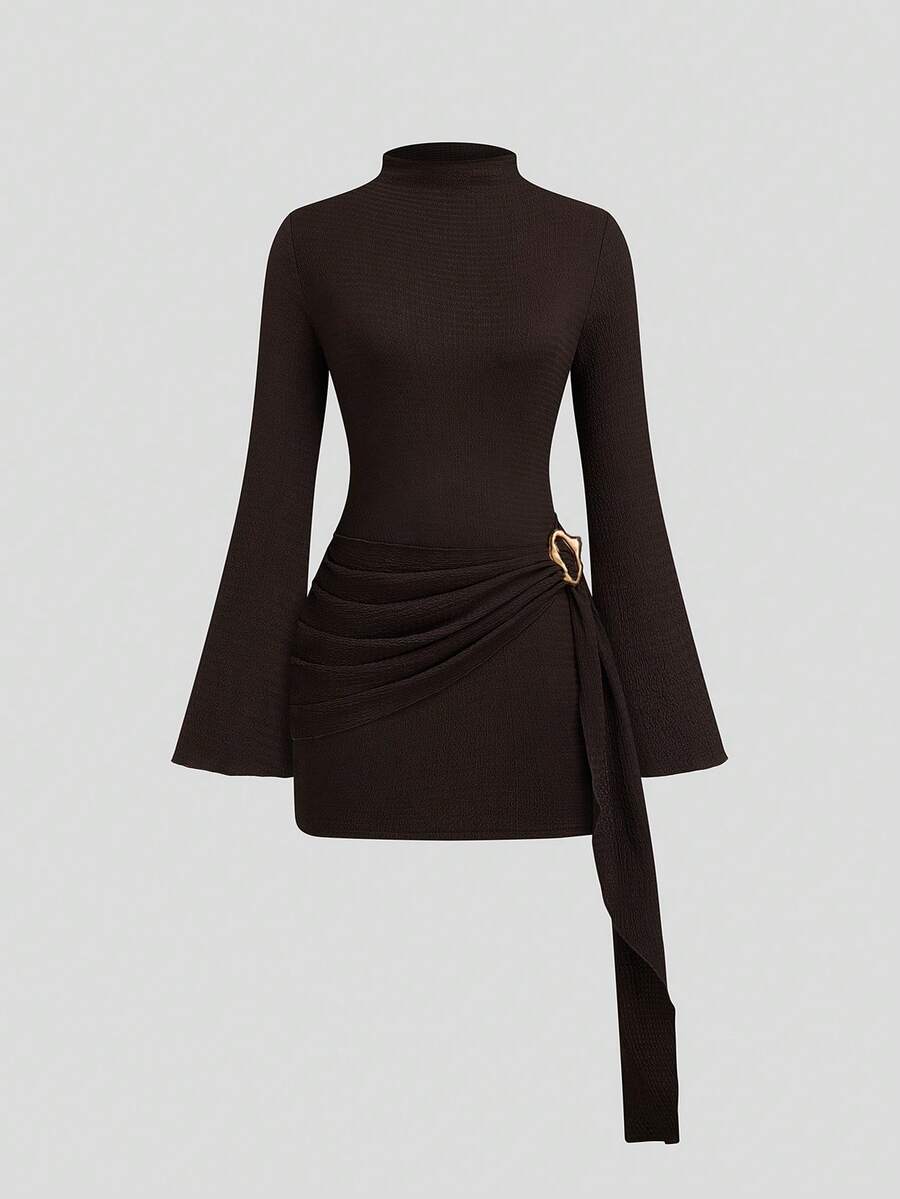 SHEIN CURVE+ 大码女式针织提花金属装饰驼色喇叭袖连衣裙 - 棕色 - 查看 1