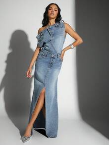 Denimoi Off Shoulder Split Front Denim Dress - Light Wash - View 7