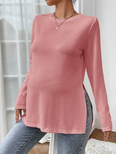 SHEIN Pregnant Women's Solid Color Casual Long Sleeve T-Shirt Women Long Sleeve Top Maternity Tops Pink Long Sleeve Top Modest Tops For Women Maternity Shirts For Women