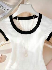 Franclia 女士撞色滚边圆领罗纹针织休闲短袖T恤 - 白色 - 查看 6