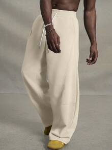 PAVTROS Men's Solid Color Drawstring Waist Pocket Casual Wide Leg Sweatpants - Khaki - View 4