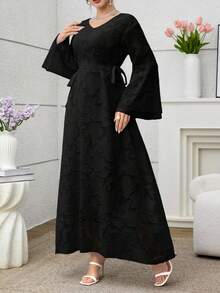纯色收腰喇叭袖优雅V领蕾丝边系带连衣裙 - 黑色 - 查看 7