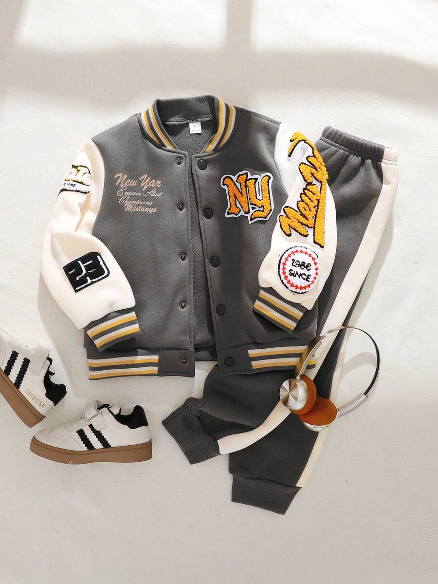 Playful Pals 2pcs/Set Toddler Boys' Collegiate Style Letter Print Embroidery Patchwork Front Closure Casual Baseball Jacket And Pants Set, Ribbed Collar, Cuffs And Hem Design, Suitable For Autumn/Winter Outings, Daily Wear, Sports, School, Travel, Vacation - Dark Grey - View 1