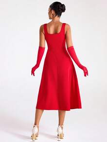 EURMUSE Robe mi-longue à encolure carrée sans manches, buste ajusté avec ourlet évasé, lignes épurées, silhouette minimaliste, style élégant du jour au soir, Saint-Valentin - Rouge - Voir 6